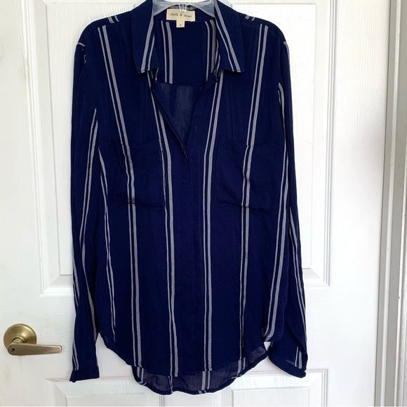 Anthropologie Cloth & Stone Tulane Navy Blue & White Stripe Button Front Shirt S - Picture 5 of 8